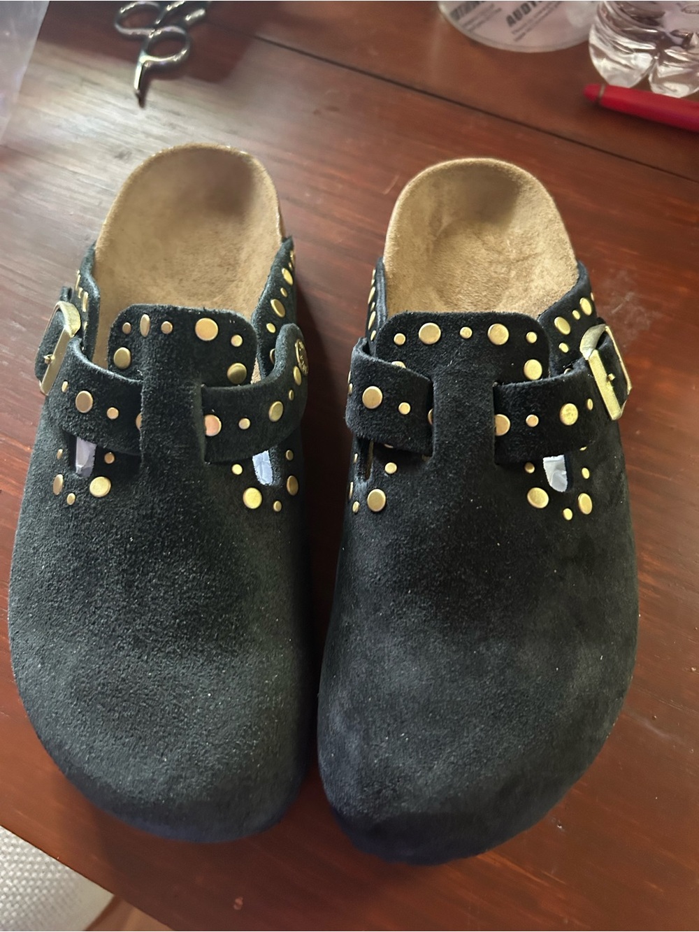 Women’s Birkenstock Black Suede Clogs with Gold Studs